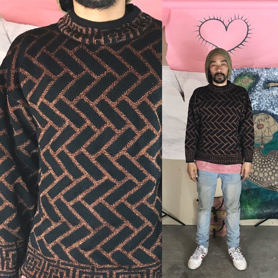 Vintage Sweater by Karen Scott Black Geometric Design Large 1990s 1980s