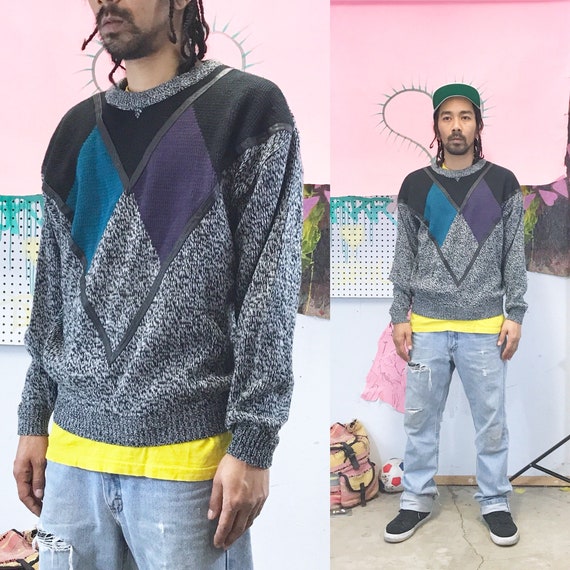 Vintage crAzy knit sweater colors 1990s 1980s 90s 80s grey black leather