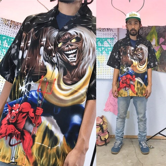 Vintage iron maiden button up all over print 1990s 1980s camp shirt guy fieri bowling shirt size xl