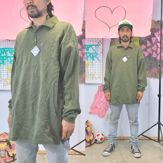 Vintage long sleeve polo shirt rugby 1990s 1980s size xl green shirt sweatshirt