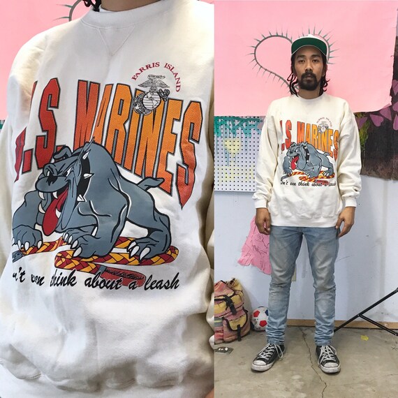 Vintage U.S. Marines Crewneck Sweatshirt White Bulldog Large 1990s 1980s