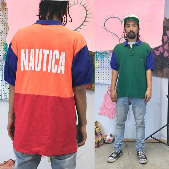 Vintage Nautica Polo Multi Color Medium Blow Up Logo 1990s 1980s