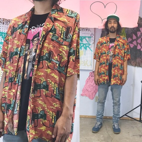Vintage all over print shirt silk rayon loud print 1990s 1980s red yellow orange