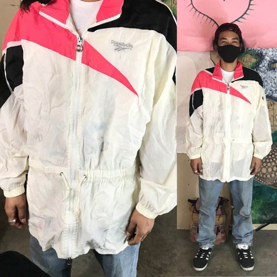 Vintage Reebok Windbreaker White/Pink/Black Nylon Large 1990s 1980s