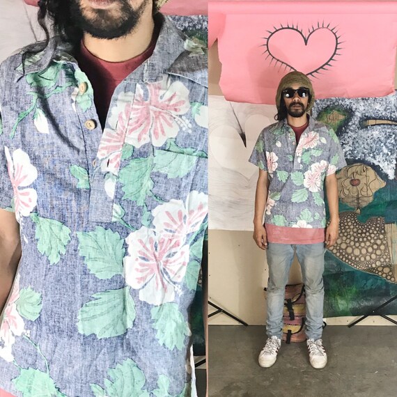 Vintage Faded Aloha Polo by Hobie Medium Blue 1990s 1980s