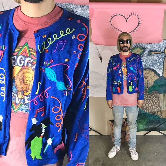 Vintage Cut and Sew Sweater by Christina Rotelli Blue Medium 1990s 1980s