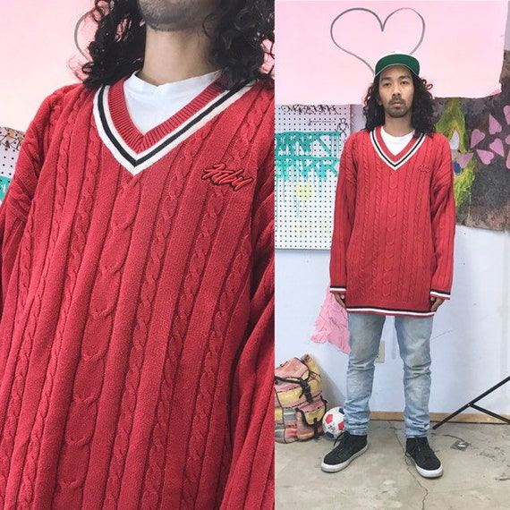 Vintage fubu knit sweater v neck cable knit red oversized baggy sweater size xl