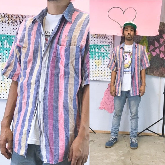 Vintage striped cotton shirt 1990s 1980s size large fresh prince colorful