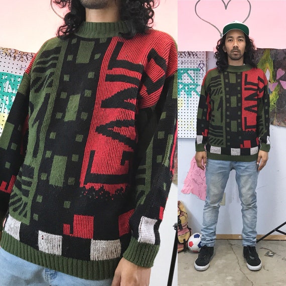 Vintage knit sweater gang colorblock artsy basuqiat keith haring late 80s size medium