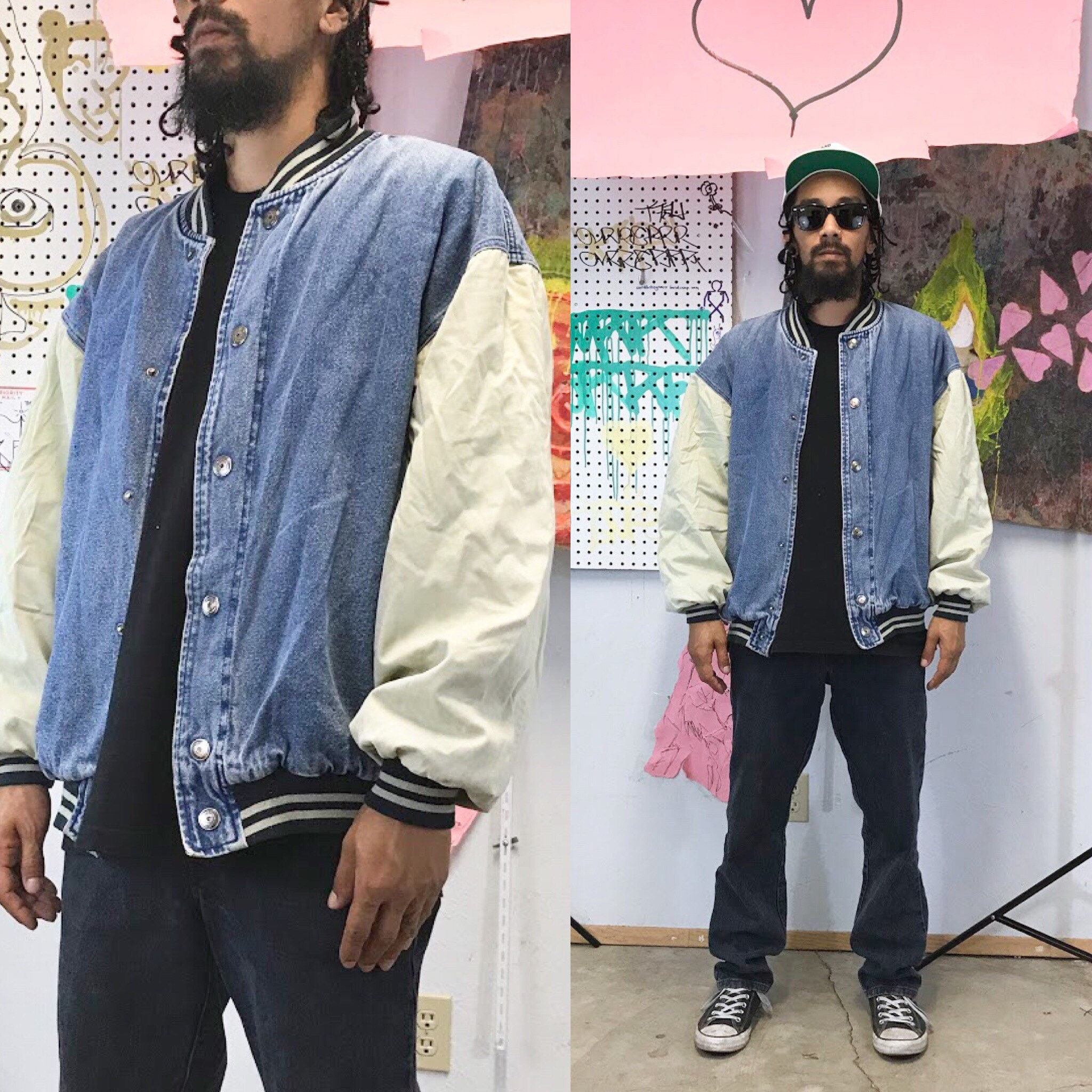 denim varsity bomber jacket