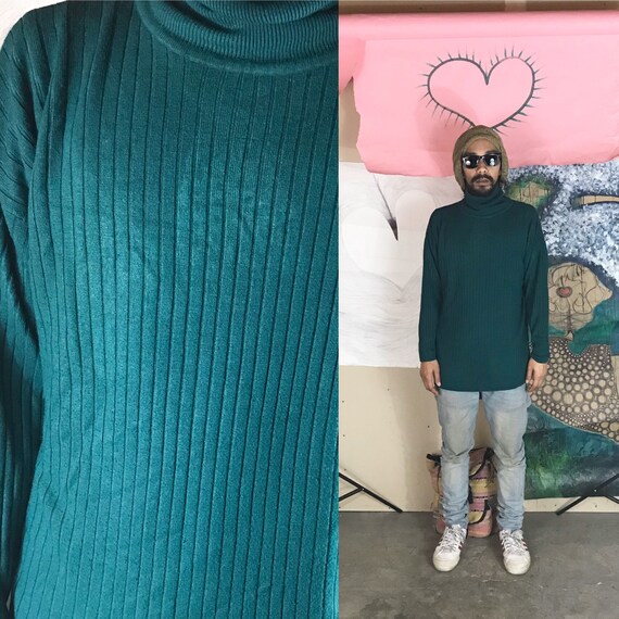 Vintage Ribbed Turtleneck By Cristina Medium Green 1990s 1980s