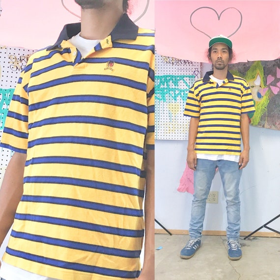 Vintage tommy hilfiger striped polo yellow blue 1990s size large