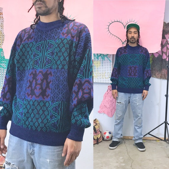 Vintage McGregor Acrylic Sweater Quilted Design Large Blue 1980s 1990s