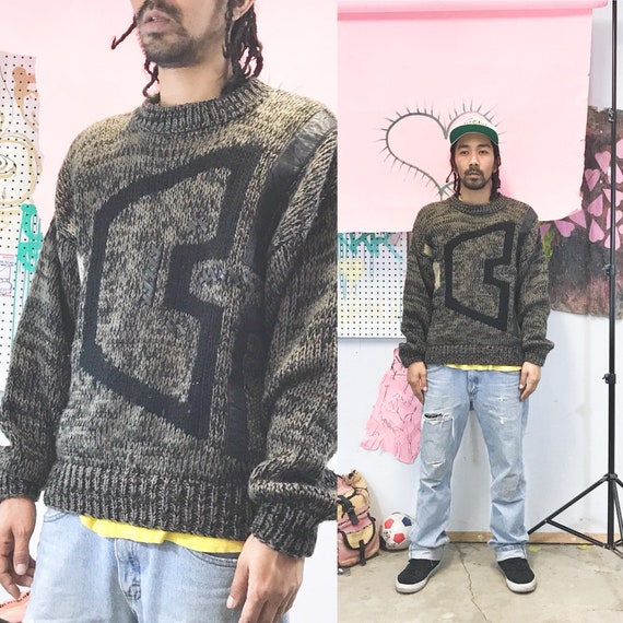 Vintage knit sweater black size large 1990s 1980s brown black