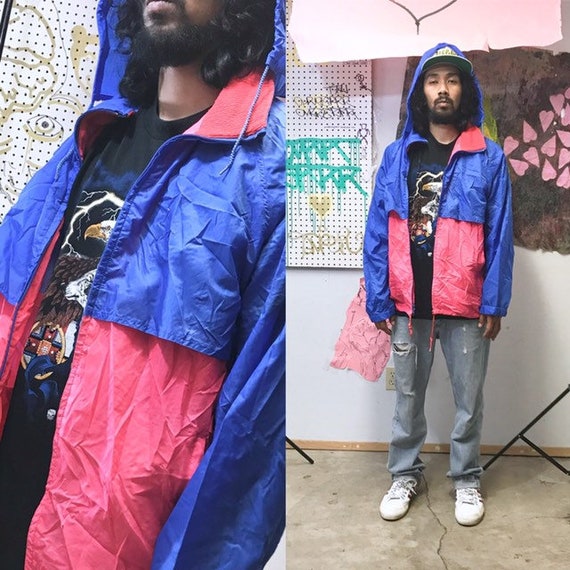 Vintage windbreaker jacket 1980's hiking trail jacket rain poncho hoodie size large colorblock red blue
