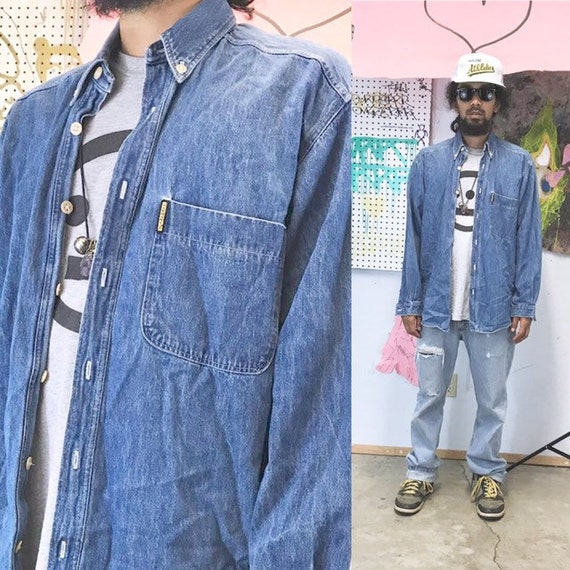 Vintage armani jeans denim button up shirt oxford 1990s 1980s high fashion versace