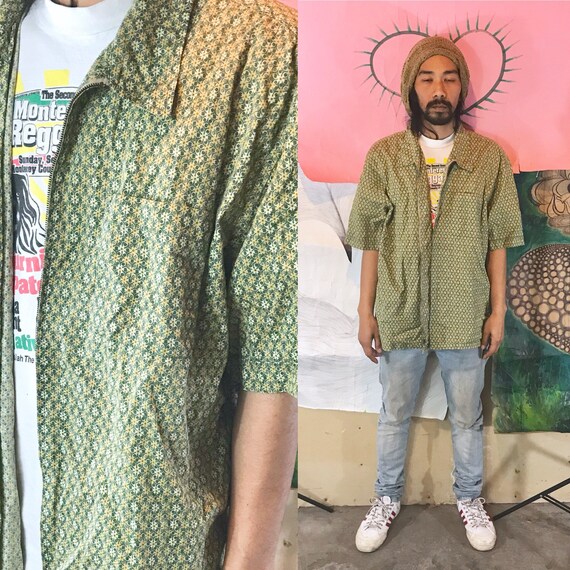 Vintage GAP Green Full Zip Oxford Tiny Flower All Over Print XL 1990s 1980s