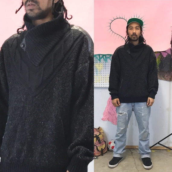 Vintage Black Heavy Knit Sweater With Leather Patches Medium 1990s 1980s
