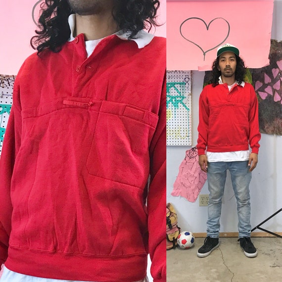 Vintage collar sweatshirt polo sweater red white size small 1990s 1980s