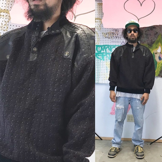 1980s sweater new wave punk depeche mode new jack swing cosi italy coogi large black leather patches sweater