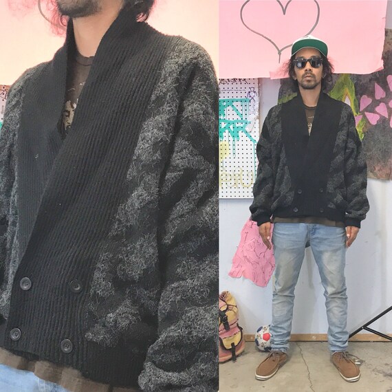 Vintage Jed sweater knit size medium 1990s black grey abstract all over print coogi cosby new wave punk 1980's boyz to men bobby brown