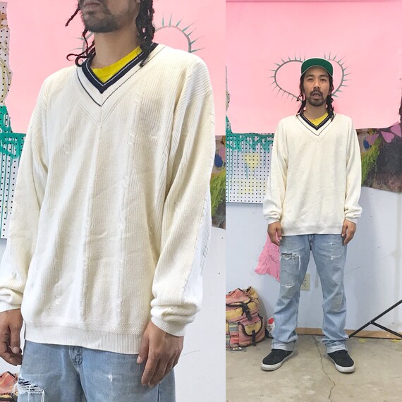 Vintage Nautica Sweater Vneck Oversized Large White 1990s 1980s