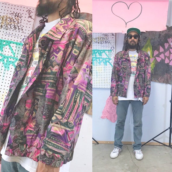 Vintage jacket loud print jacket all over print size large pink purple 1990s 1980s