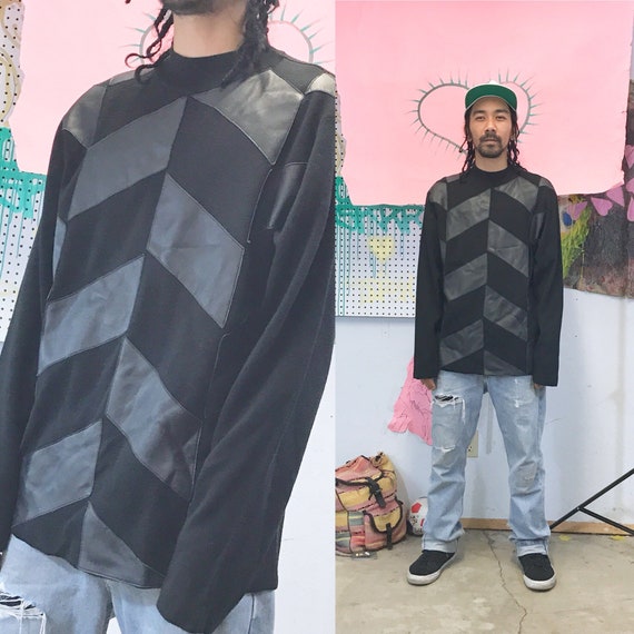 Vintage Acrylic Wool Sweater Leather Patchwork by Protege Collection Black Large 1990s 1980s