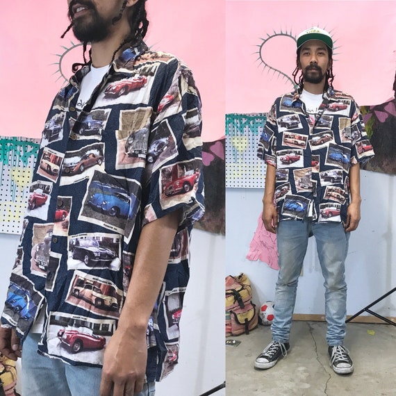 Vintage Cars Print Button Up All Over Print Blue