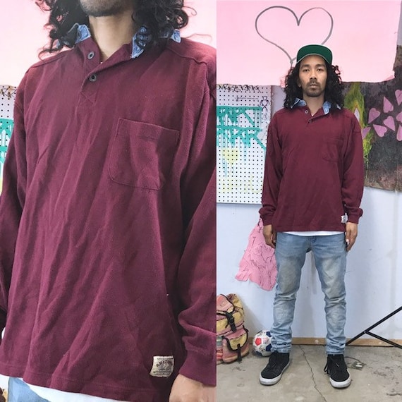 Vintage rugby shirt polo maroon burgundy 1980's denim collar 1990s size medium