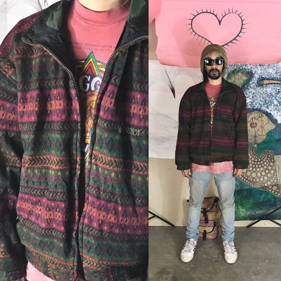 Vintage Fleece Zip Up by Nordica Red Green Large 1990s 1980s