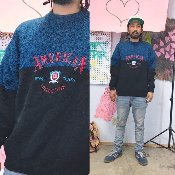 Vintage IOU knit sweatshirt early 1990s 1980s size large blue black acrylic