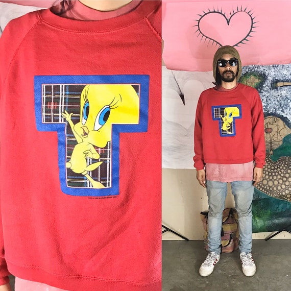 Vintage Looney Tunes Tweety Bird Crewneck Red Large 1990s 1980s