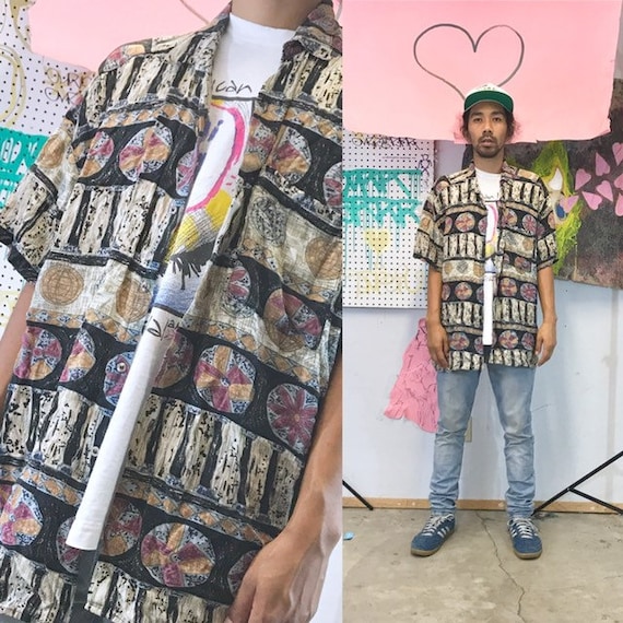 Vintage all over print rayon shirt loud print 1990s 1980s size large fresh prince