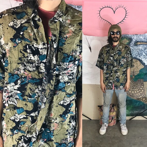 Vintage Rayon Button Up by Cogi Collection Olive XL 1990s 1980s