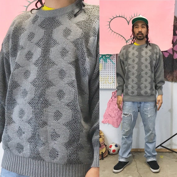 Vintage Gray Knit Sweater 8 Pattern Medium 1990s 1980s