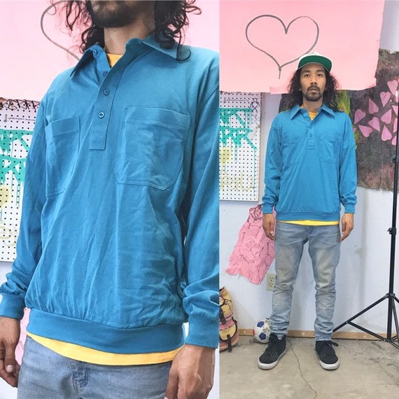 Vintage collar sweatshirt size medium blue rugby 1990s 1980s teal blue
