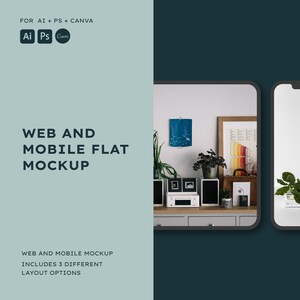May include: A mockup of a website and mobile app design displayed on a computer screen and a smartphone. The screens are set on a shelf with other decorative items, including a framed print, a potted plant, and a small sculpture.