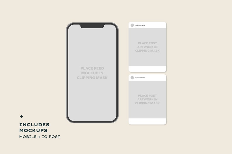 May include: Mockup template for a mobile phone screen and two Instagram posts. The phone screen and posts have gray backgrounds with the text "PLACE FEED MOCKUP IN CLIPPING MASK" and "PLACE POST ARTWORK IN CLIPPING MASK" respectively.