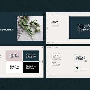May include: Brand guidelines for a company called Sage & Sparrow. The logo features the text "Sage & Sparrow" in a serif font with a small stylized sparrow illustration. The colour variations of the logo are shown in black, white, and a light grey.