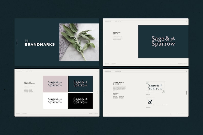 May include: Brand guidelines for a company called Sage & Sparrow. The logo features the text "Sage & Sparrow" in a serif font with a small stylized sparrow illustration. The colour variations of the logo are shown in black, white, and a light grey.