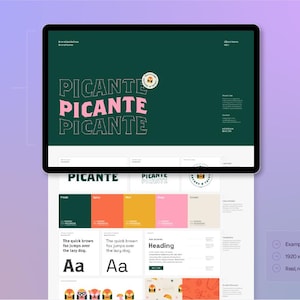 May include: A computer screen mockup showing a brand identity guide for a company called "Picante". The guide includes a logo, color palette, typography, and examples of how the brand can be used. The logo is a stylized illustration of a chili pepper with the word "Picante" written in a bold, sans-serif font.