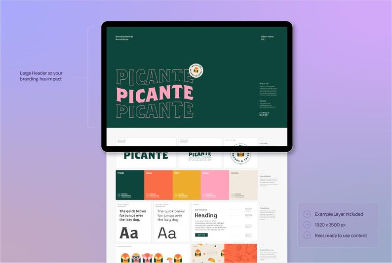 May include: A computer screen mockup showing a brand identity guide for a company called "Picante". The guide includes a logo, color palette, typography, and examples of how the brand can be used. The logo is a stylized illustration of a chili pepper with the word "Picante" written in a bold, sans-serif font.