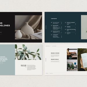 May include: A brand guideline document with a black and white cover featuring the text "BRAND GUIDELINES". The document is open to a page with a light blue background and the text "PLACE A QUOTE OR INFORMATION ABOUT THE BRAND HERE AND HERE".
