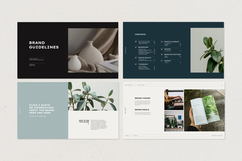 May include: A brand guideline document with a black and white cover featuring the text "BRAND GUIDELINES". The document is open to a page with a light blue background and the text "PLACE A QUOTE OR INFORMATION ABOUT THE BRAND HERE AND HERE".