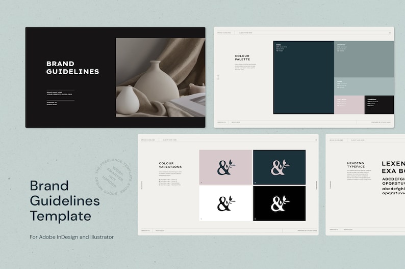 May include: Brand guidelines template for Adobe InDesign and Illustrator. The template features a colour palette, logo variations, and a heading typeface.