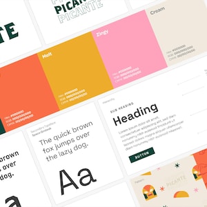 May include: A brand identity guide with a green, orange, yellow, pink, and cream color palette. The brand name is "Picante" and the tagline is "Burritos & Tacos". The guide includes typography, color swatches, and a sample heading.