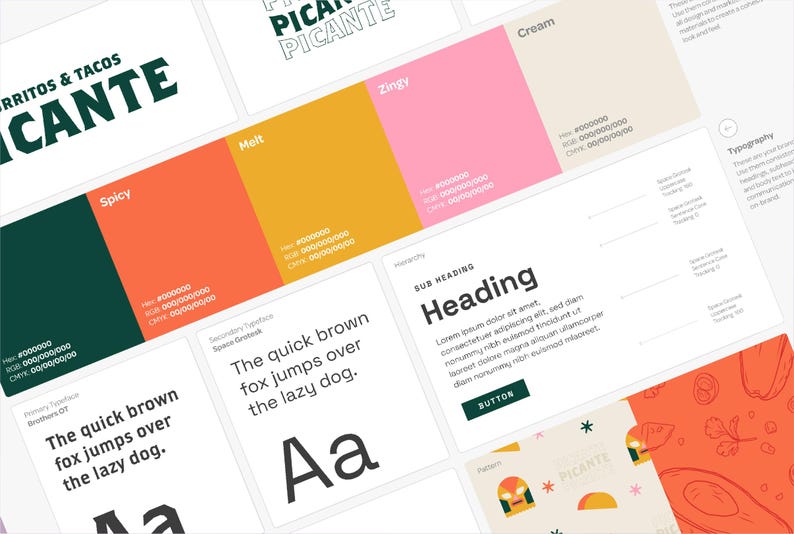 May include: A brand identity guide with a green, orange, yellow, pink, and cream color palette. The brand name is "Picante" and the tagline is "Burritos & Tacos". The guide includes typography, color swatches, and a sample heading.