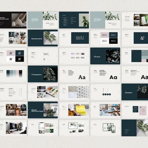 May include: Brand guidelines for a company called "Sage & Sparrow". The brand uses a dark green colour, a simple ampersand symbol, and a sans-serif font. The guidelines include information about the brand's logo, colour palette, typography, and imagery.