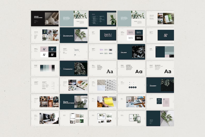 May include: Brand guidelines for a company called "Sage & Sparrow". The brand uses a dark green colour, a simple ampersand symbol, and a sans-serif font. The guidelines include information about the brand's logo, colour palette, typography, and imagery.